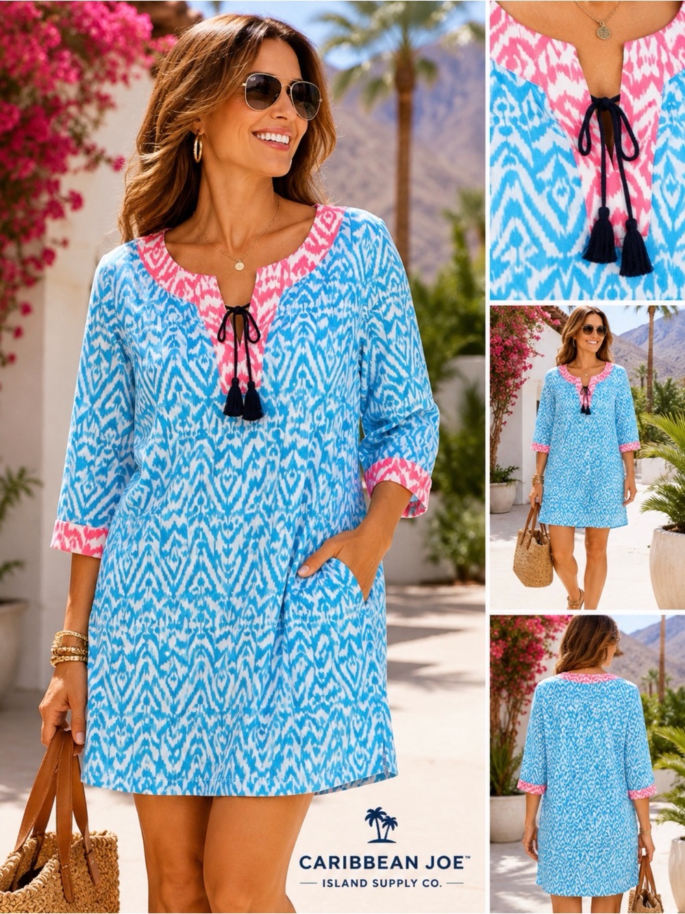 Caribbean Joe Turquoise & Pink Ikat Swim Coverup Tunic SPF50